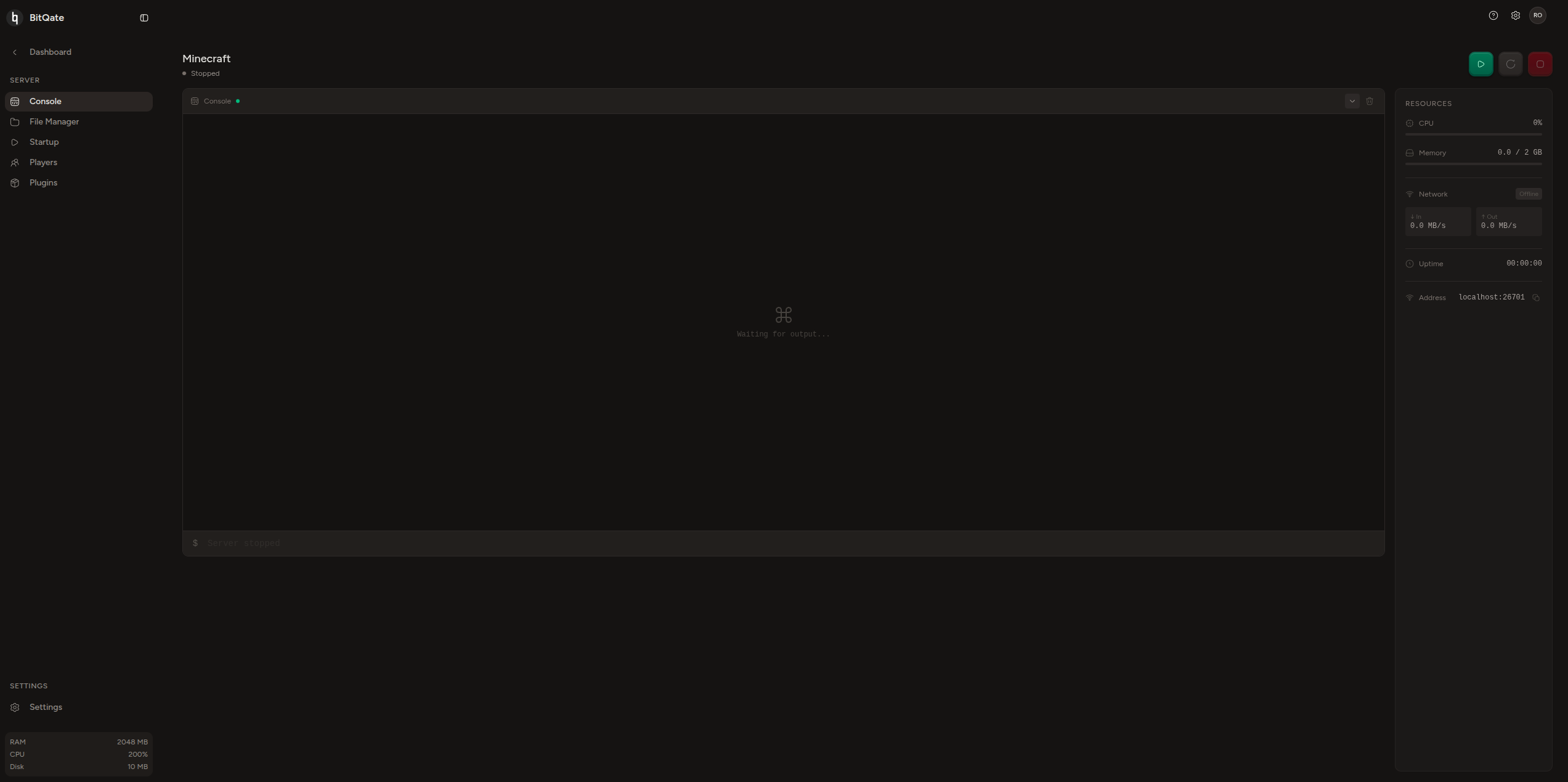 BitQate dashboard interface showing hosting controls and metrics